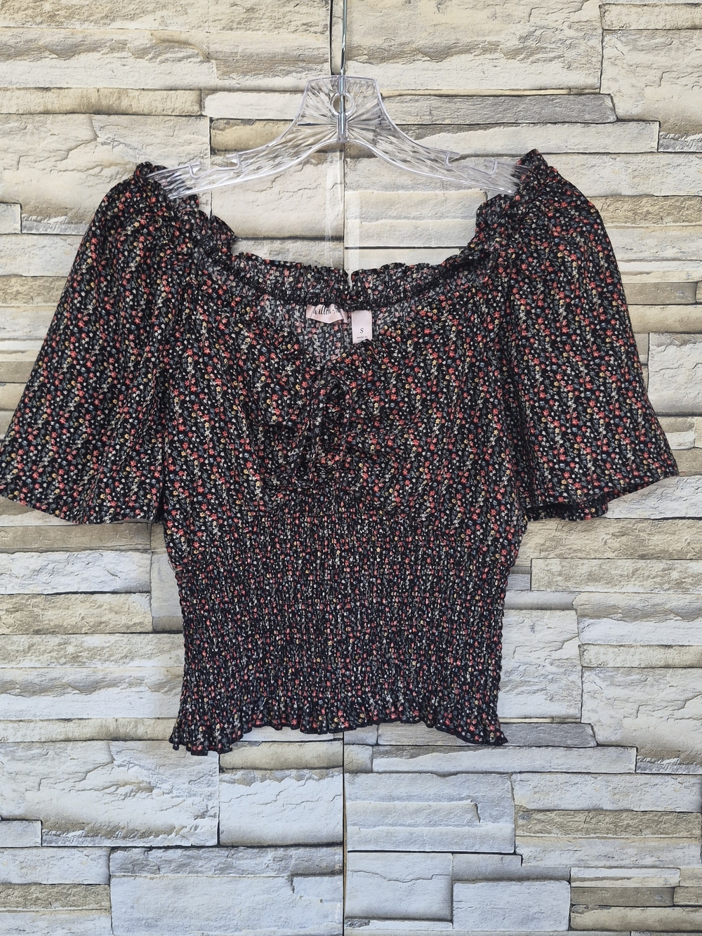Willow & Root Crop Top Women's Size S Black Floral Smocked Square Neck Boho